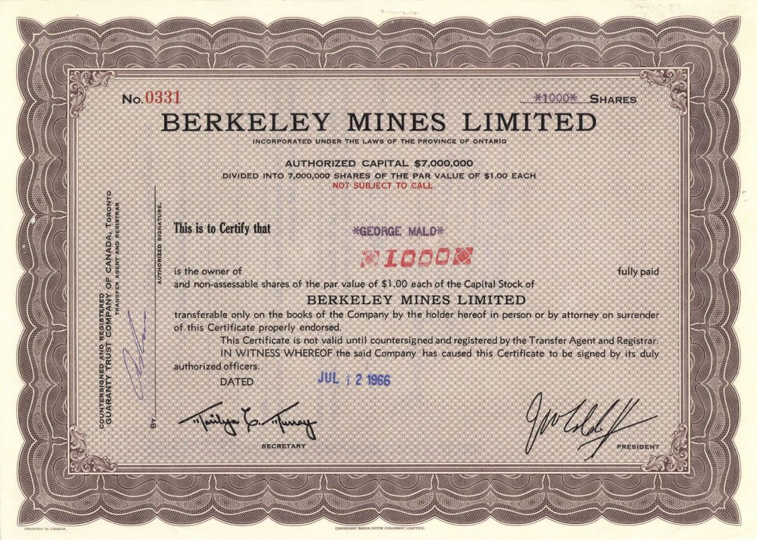 Berkeley Mines Limited - 1966 dated Canadian Stock Certificate