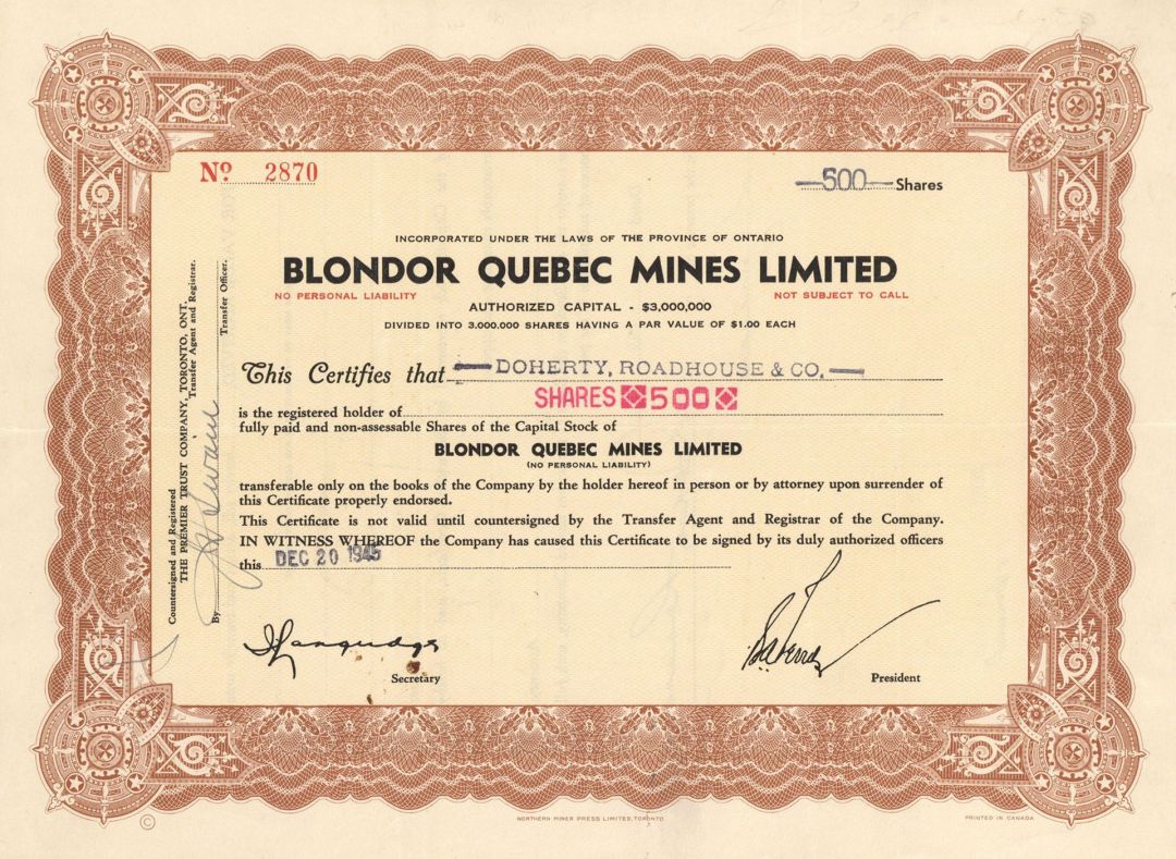 Blondor Quebec Mines Limited - Foreign Stock Certificate