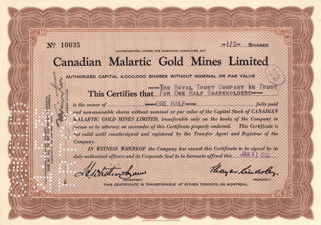 Canadian Malartic Gold Mines Limited - Foreign Stock Certificate