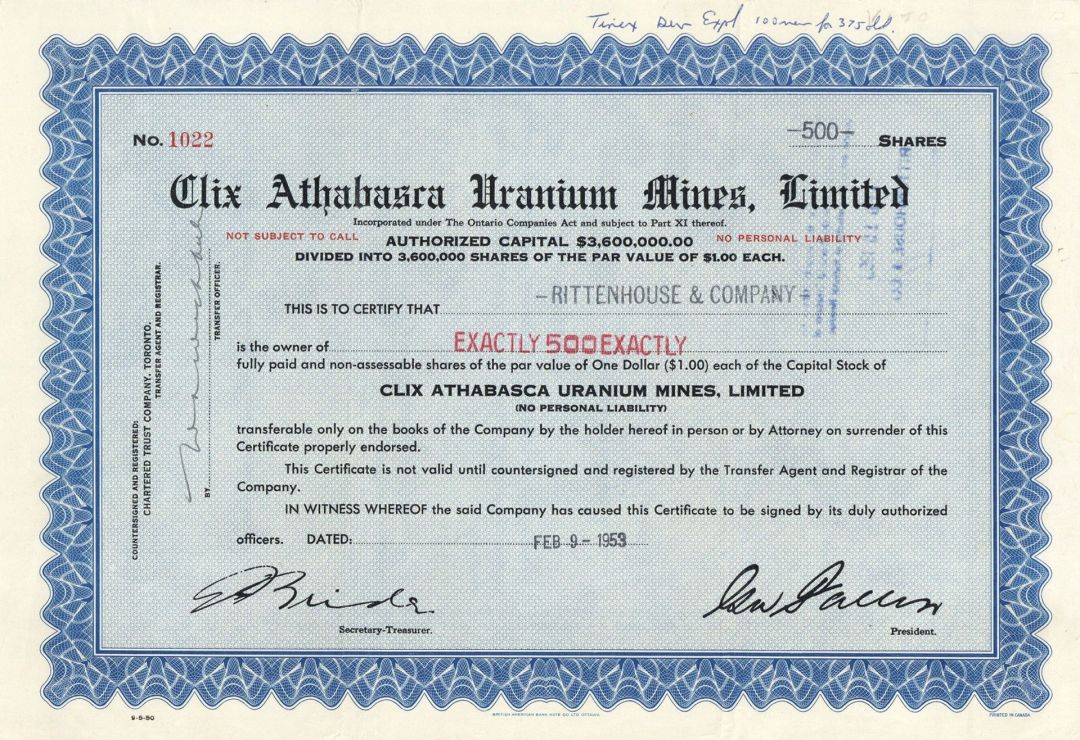 Clix Athabasca Uranium Mines, Limited - Foreign Stock Certificate