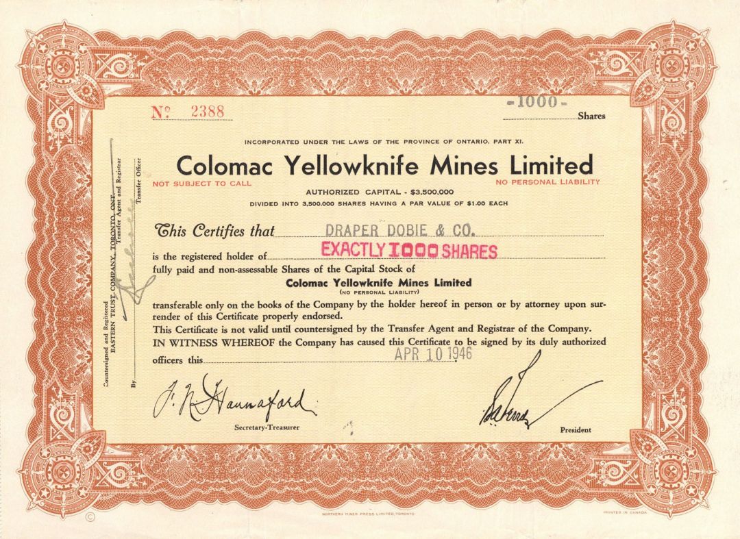 Colomac Yellowknife Mines Limited - Foreign Stock Certificate