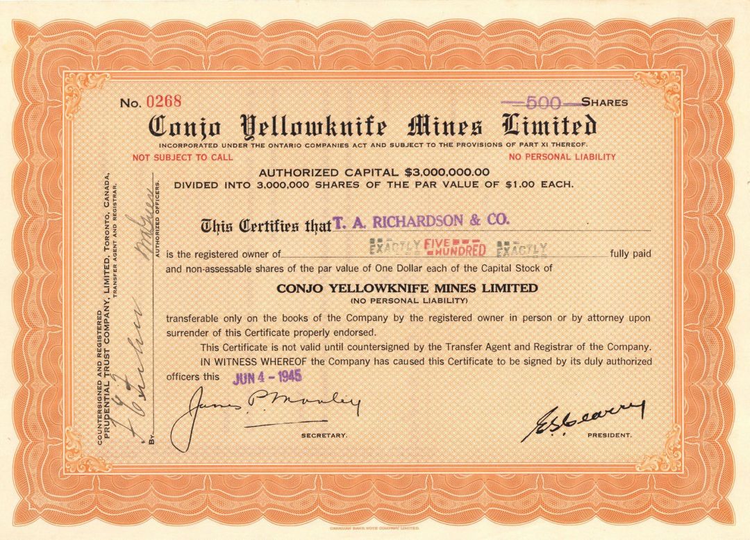 Conjo Yellowknife Mines Limited - Foreign Stock Certificate