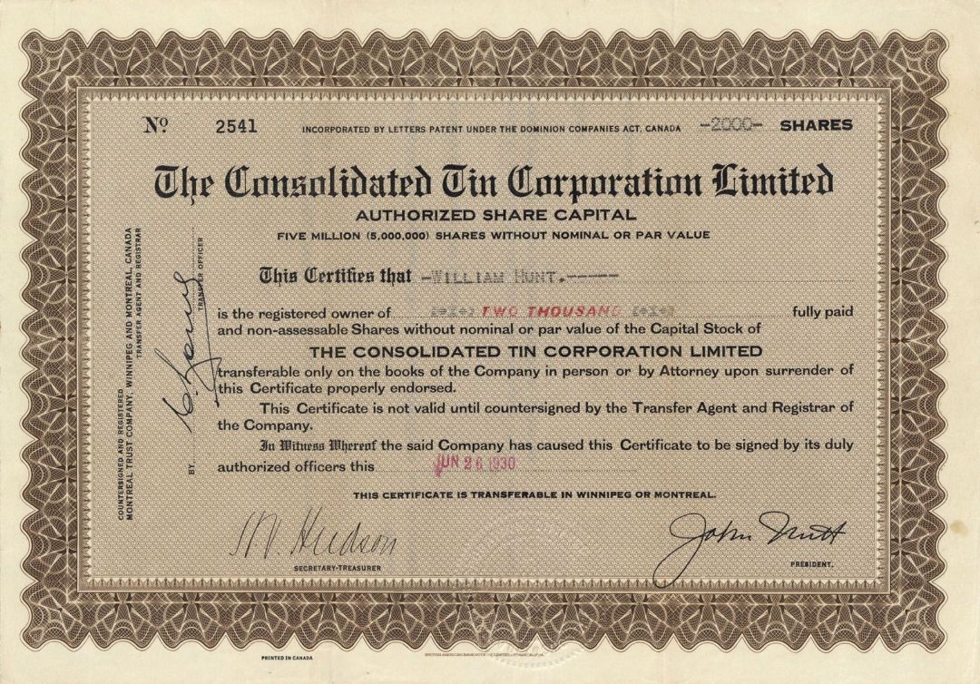 Consolidated Tin Corporation Limited - Foreign Stock Certificate