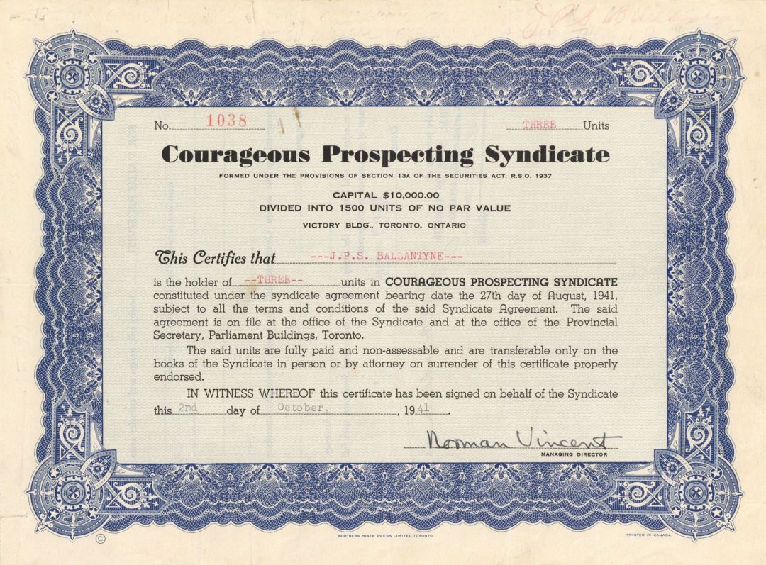 Courageous Prospecting Syndicate - Foreign Stock Certificate