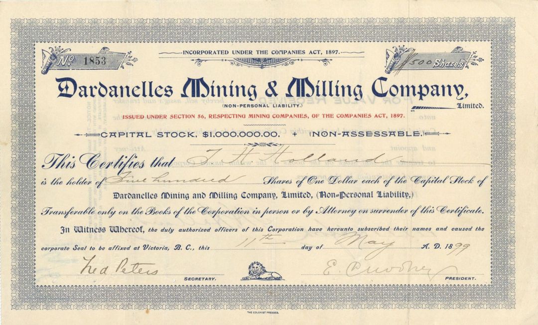 Dardanelles Mining and Milling Company, Limited - Foreign Stock Certificate