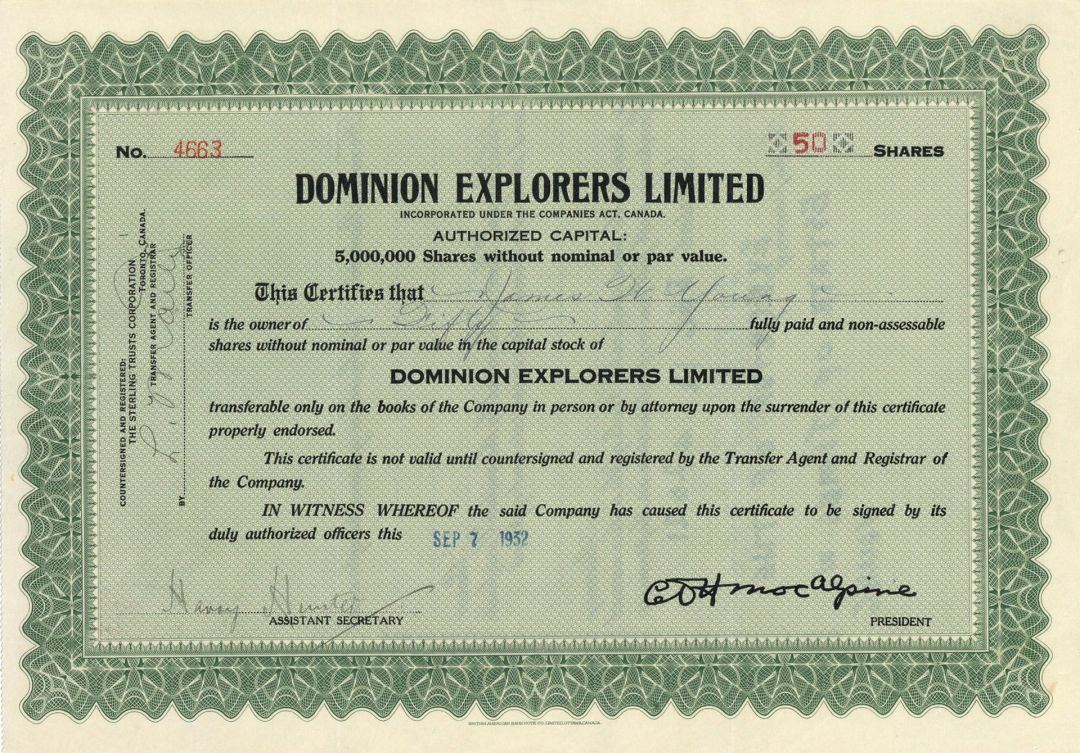 Dominion Explorers Limited - Foreign Stock Certificate