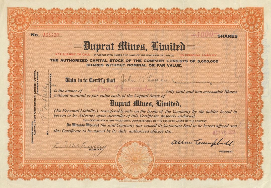 Duprat Mines, Limited - 1927 Canadian Mining Stock Certificate - Foreign Stock