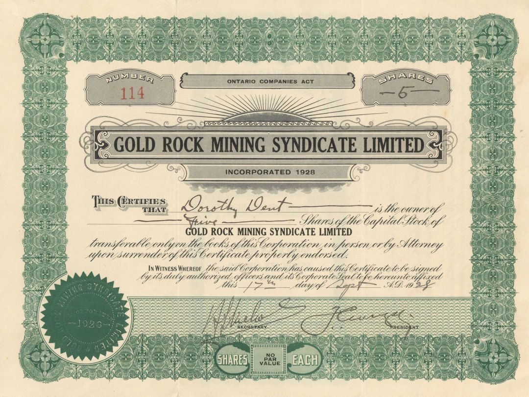 Gold Rock Mining Syndicate Limited - Foreign Stock Certificate