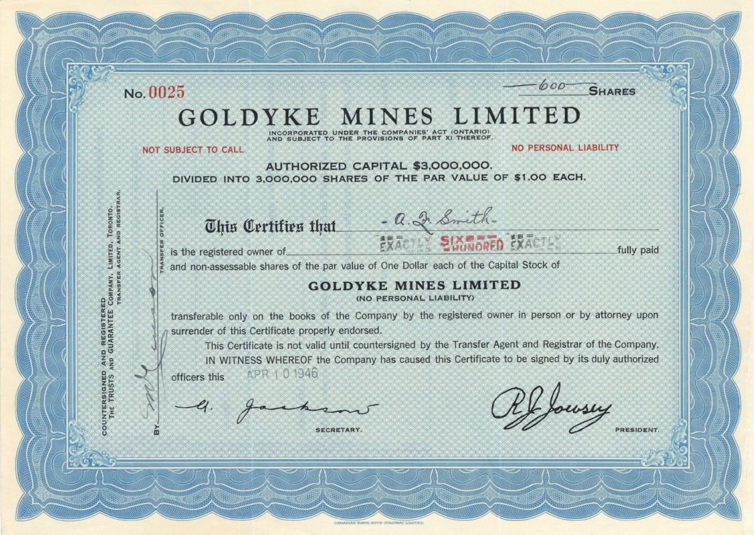 Goldyke Mines Limited - Foreign Stock Certificate