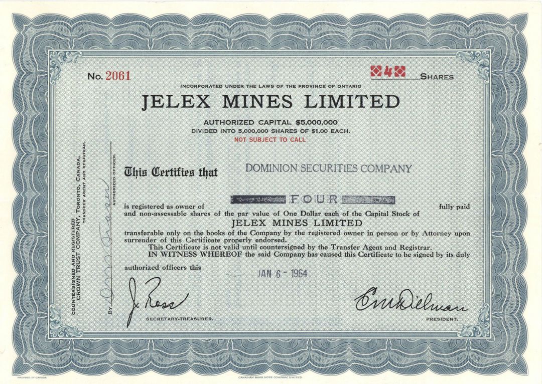 Jelex Mines Limited - 1964 dated Canadian Stock Certificate