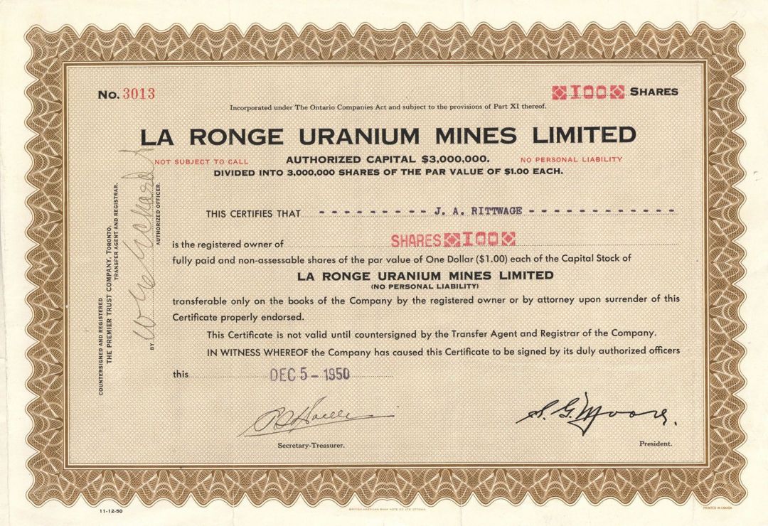 La Ronge Uranium Mines Limited  - Canadian Mining Stock Certificate