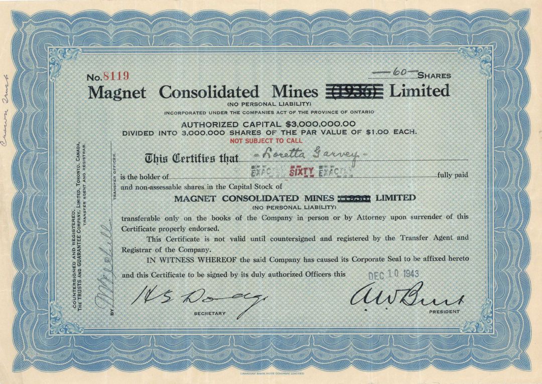 Magnet Consolidated Mines Limited  - Foreign Stock Certificate