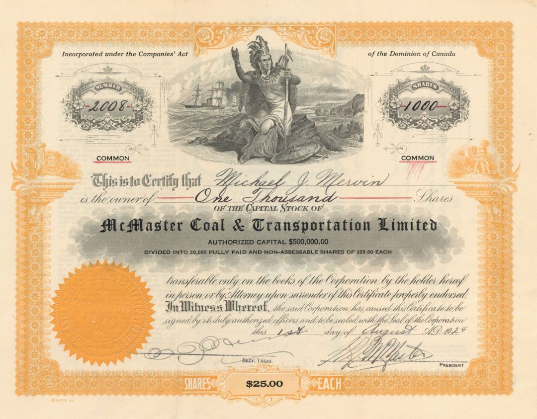 McMaster Coal and Transportation Limited  - Foreign Stock Certificate