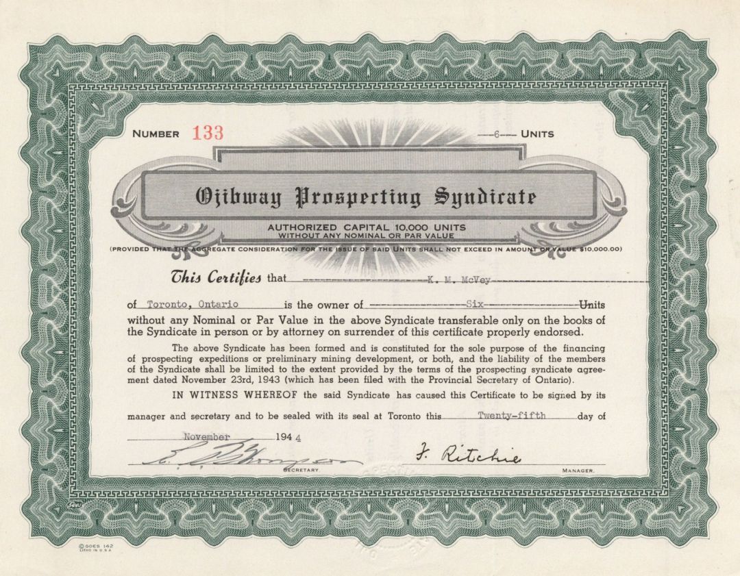 Ojibway Prospecting Syndicate - Foreign Stock Certificate