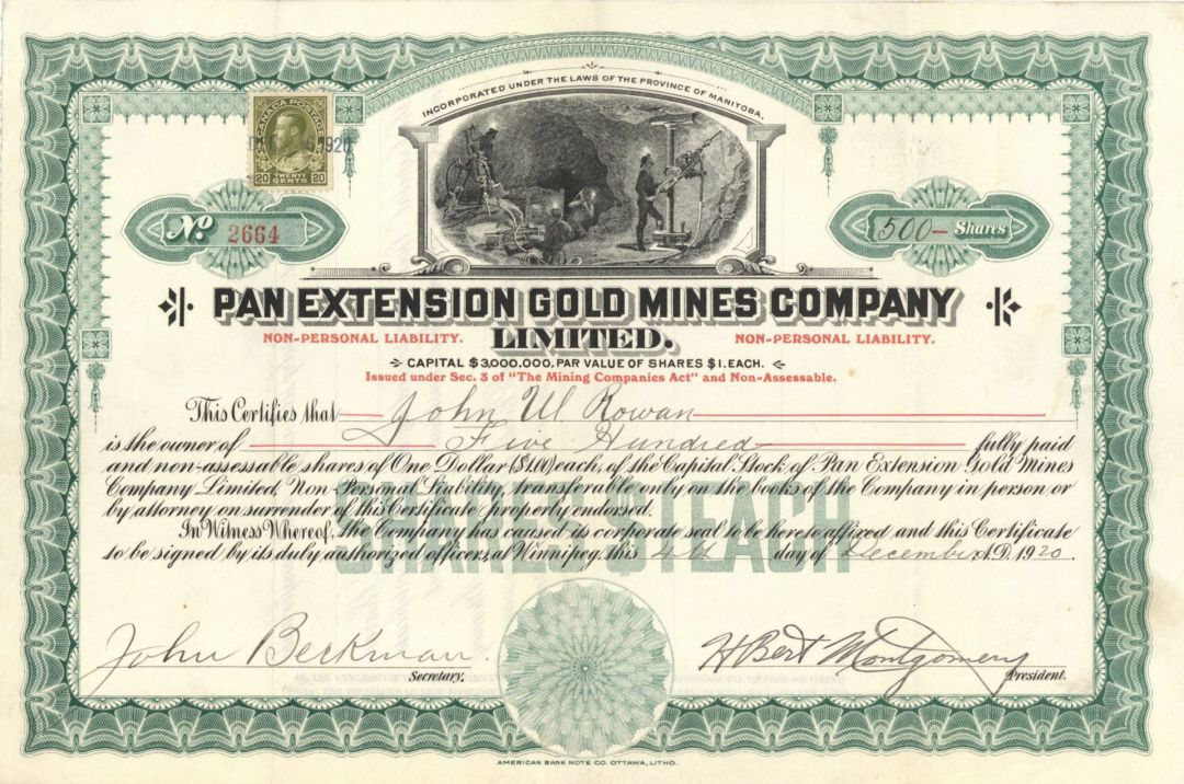 Pan Extension Gold Mines Company Limited - Canadian Stock Certificate