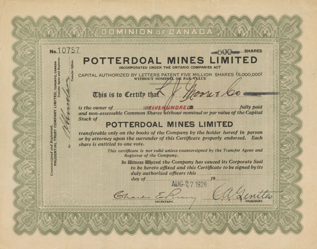 Potterdoal Mines Limited - Foreign Stock Certificate