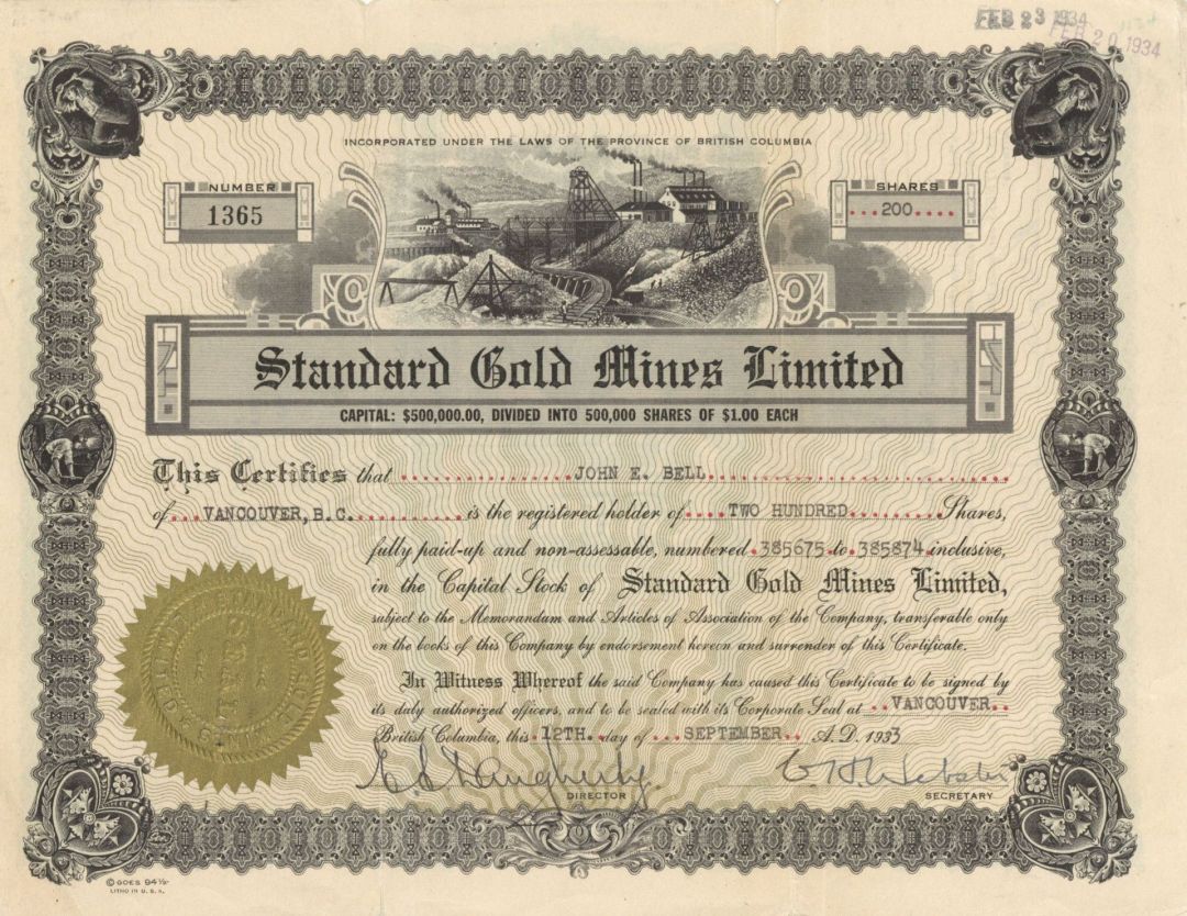 Standard Gold Mines Limited - Foreign Stock Certificate