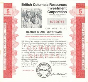 British Columbia Resources Investment Corp. - 1979 dated Canadian Stock Certificate