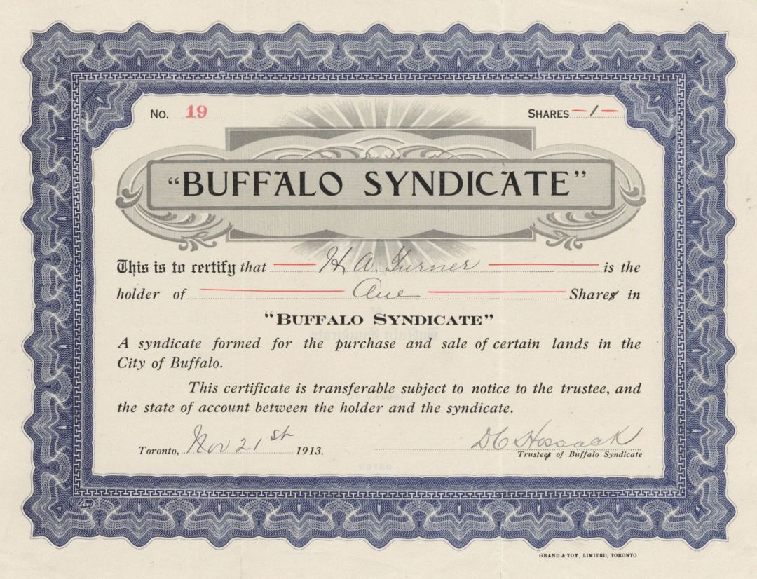 Buffalo Syndicate - Stock Certificate