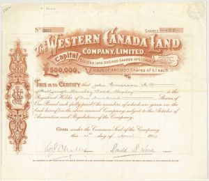 Western Canada Land Company, Limited - 1911 dated Canadian Stock Certificate - Some Margin Tears