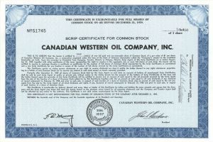 Canadian Western Oil Company, Inc. - Foreign Stock Certificate