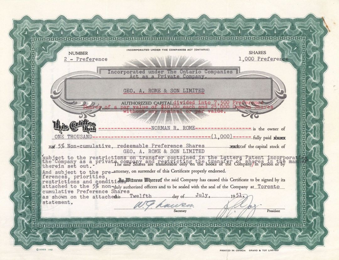 Geo. A. Rome and Son Ltd. - Foreign Stock Certificate