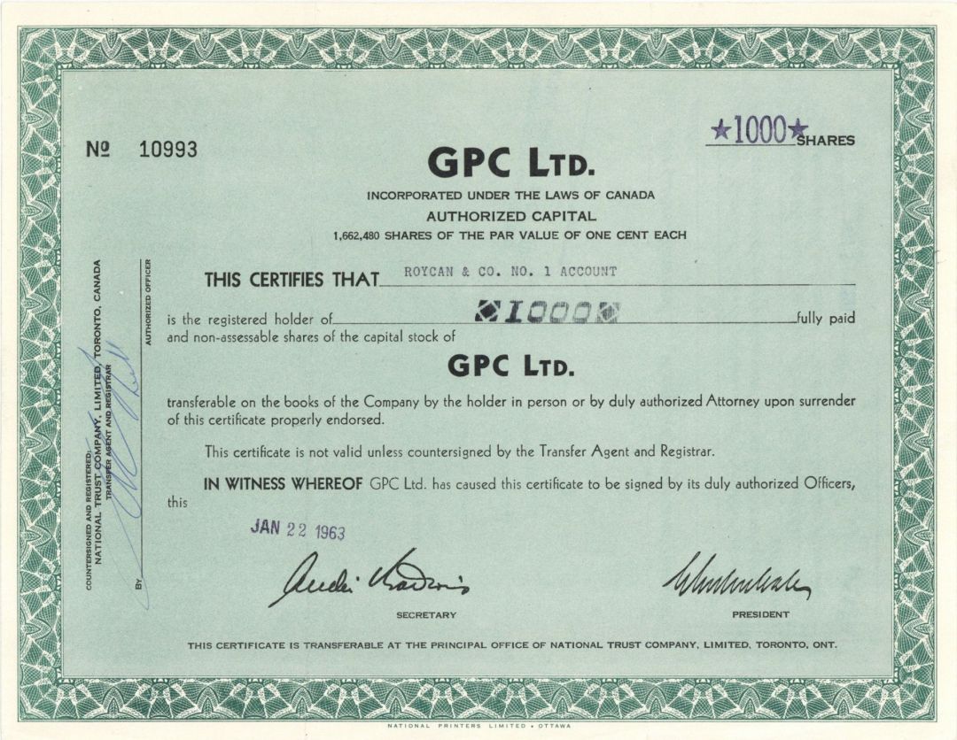 GPC Ltd. - 1963 dated Canadian Stock Certificate