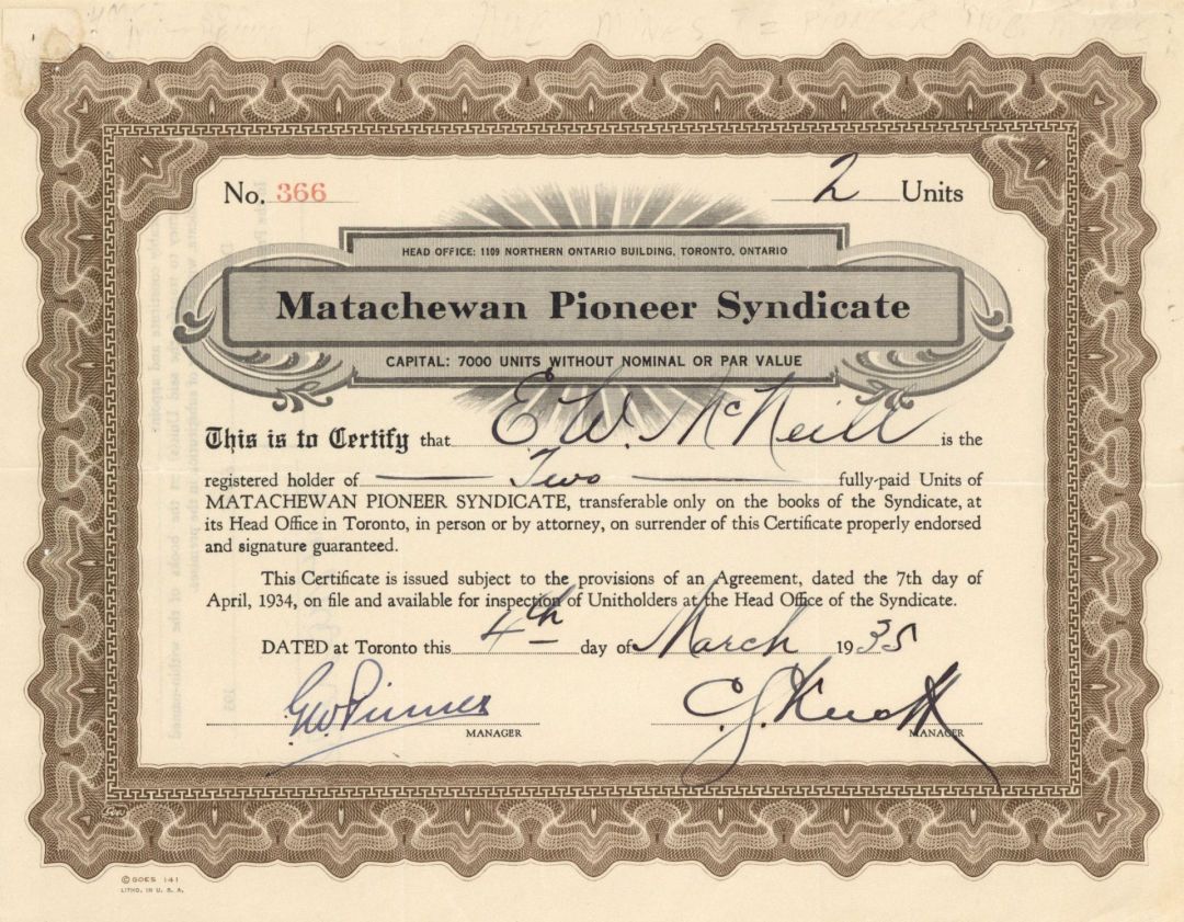 Matachewan Pioneer Syndicate - 1935 dated Canadian Stock Certificate