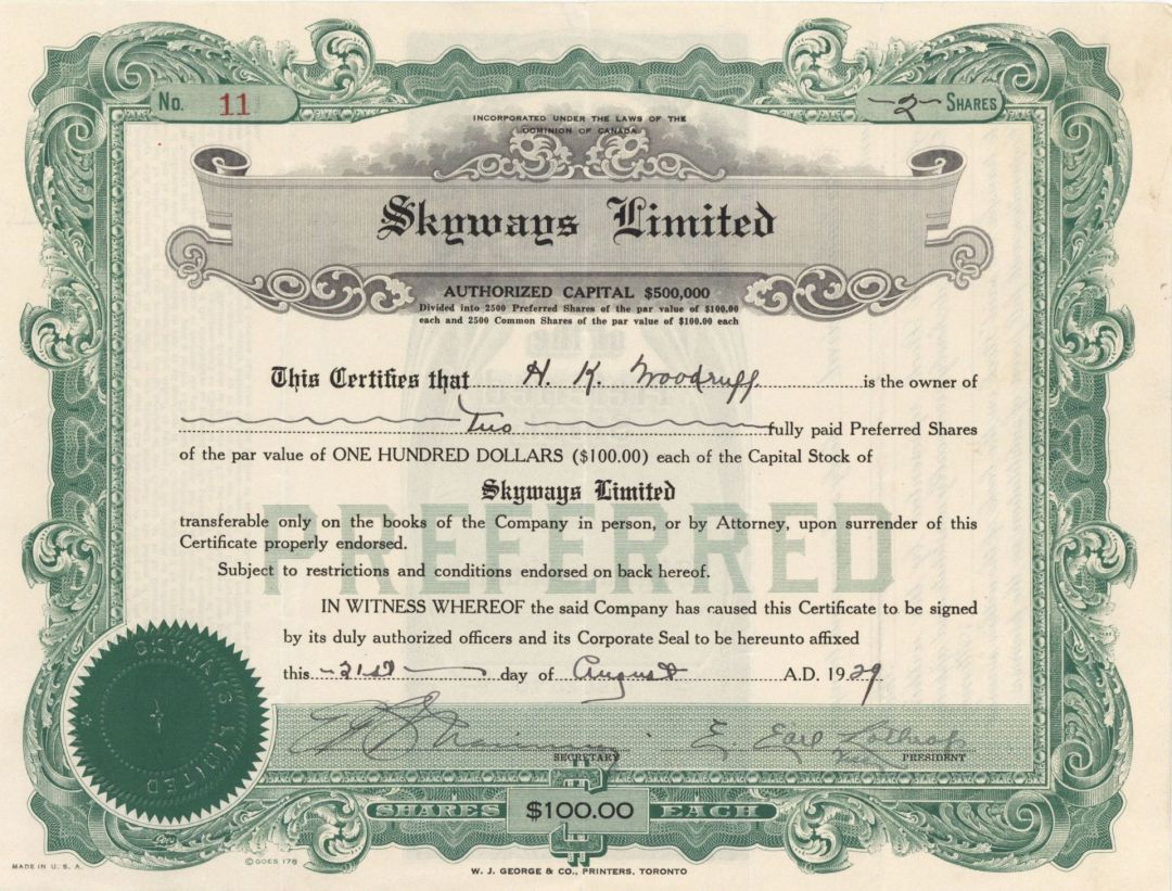 Skyways Ltd. - 1929 dated Canadian Aviation Stock Certificate