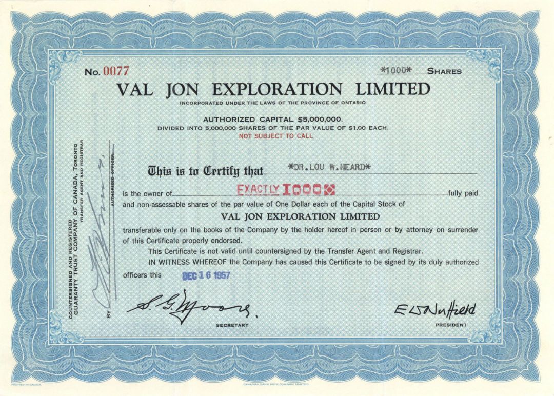 Val Jon Exploration Ltd. - 1958 dated Canadian Mining Stock Certificate