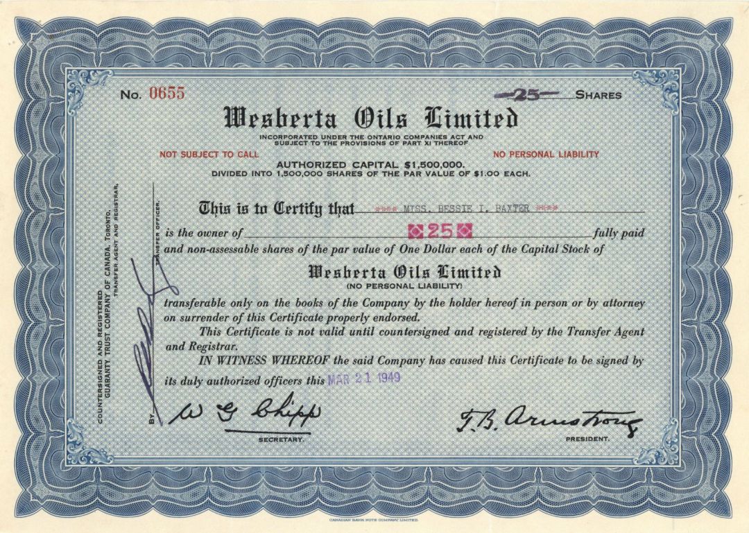 Wesberta Oils Ltd. - Foreign Stock Certificate