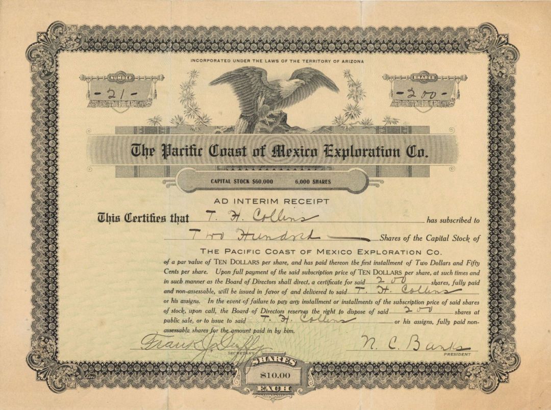 Pacific Coast of Mexico Exploration Co. - 1907 dated Stock Certificate