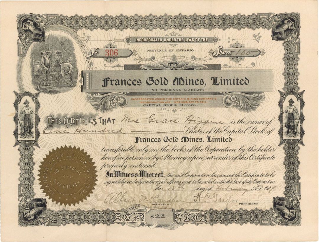 Frances Gold Mines, Ltd.  - 1909 dated Stock Certificate