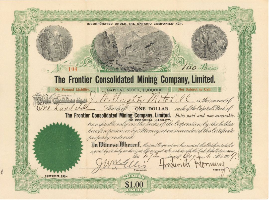 Frontier Consolidated Mining Company, Ltd. - 1909 dated Canadian Stock Certificate