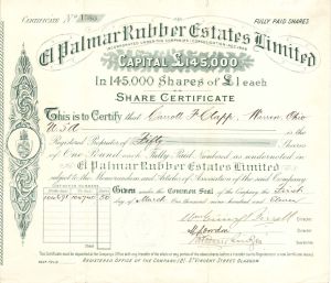 El Palmar Rubber Estates Limited - 1911 dated Stock Certificate