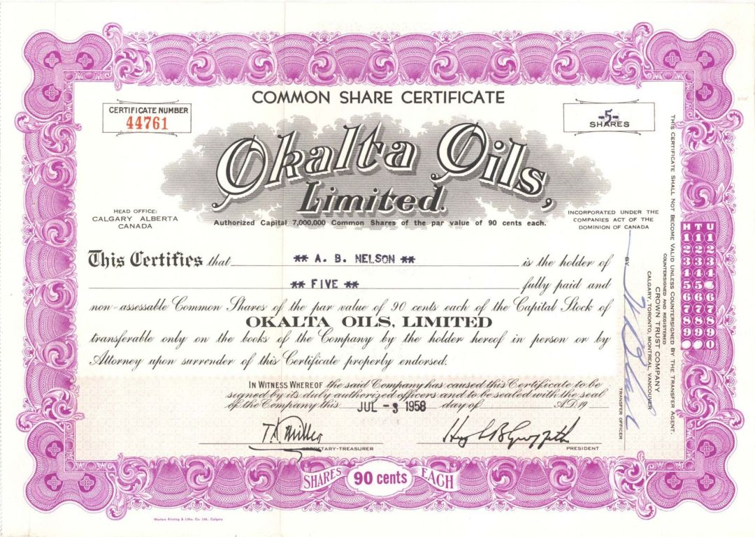 Okalta Oils, Limited - 1958 dated Stock Certificate