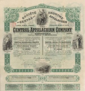 Societe Anonyme Du Centres Des Appalaches (Central Appalacian Co.) - 1892 dated Stock Certificate