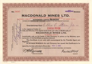 Macdonald Mines LTD. - 1950 dated Stock Certificate