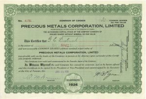 Precious Metals Corporation, Limited - 1928 dated Stock Certificate