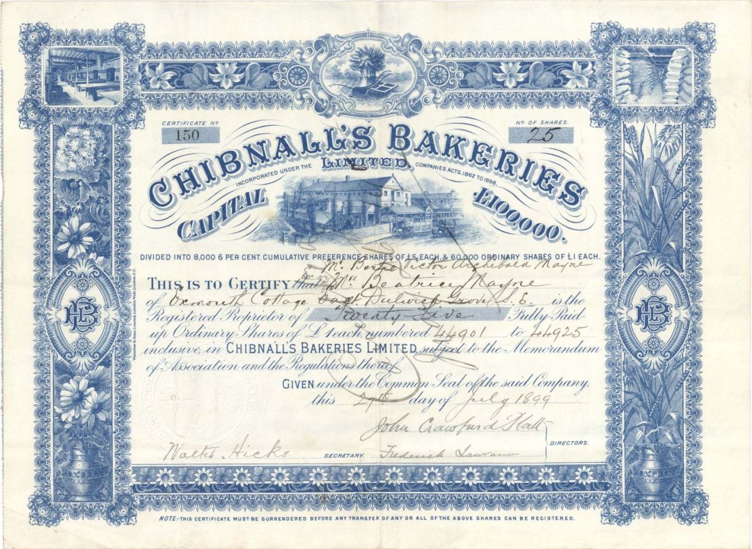 Chibnall's Bakeries Limited - 1899 dated Stock Certificate