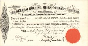 Kelham Rolling Mills Company, Limited  - 1873 dated Foreign Stock Certificate