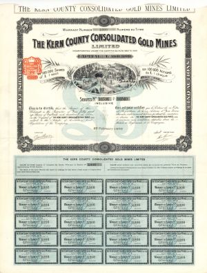 Kern County Consolidated Gold Mines, Limited  - 1907 dated Foreign Stock Certificate