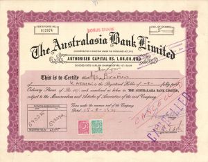 Australasia Bank Ltd. - 1971 dated Stock Certificate