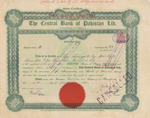 Central Bank of Pakistan Ltd. - 1952 dated Stock Certificate