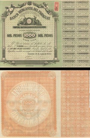 Banco Mercantil Del Paraguay - 1907 dated Stock Certificate
