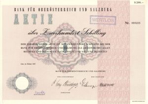 Bank Fur Oberosterreich Und Salzburg - 1957 dated Stock Certificate