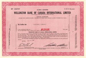 Wellington Bank of Canada International Limited - 1967 dated Stock Certificate