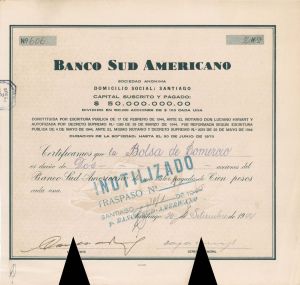 Banco Sud Americano - 1944 dated Stock Certificate