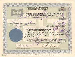 Consolidated Bank and Trust Corp. - 1963 dated Stock Certificate