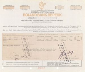 Boland Bank Beperk - 1985 dated Stock Certificate